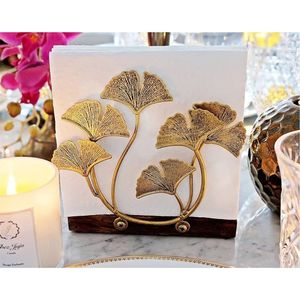 Porte-serviettes en métal doré en forme de feuille de Ginkgo, base en bois, support décoratif pour serviettes en papier, organisateur pour table, hôtel, restaurant - Product Image 1