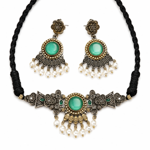ARTS JEWELS Two-Tone Oxidized <b>Silver</b> Gold Plated Brass Bohemian Floral Lovers <b>Choker</b> Necklace Set Zircon Engagement Wedding - Product Image 1