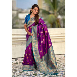 Sari en soie douce tissé Meenakari Zari à motif tournesol, foulards et châles ethniques - Product Image 1