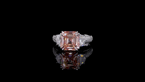 Luxury Fancy Vivid Pink Square Emerald Cut 14K Gold Lab Grown Diamond Ring with Moon Cut Side Diamonds for Wedding & Anniversary - Product Image 2