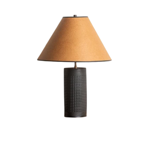 Creative Quality Hammered Textured Resin Black Table Lamp Modern Stacked Geometric Base Home <b>Lighting</b> With Woven <b>Shade</b> Lamps - Product Image 4