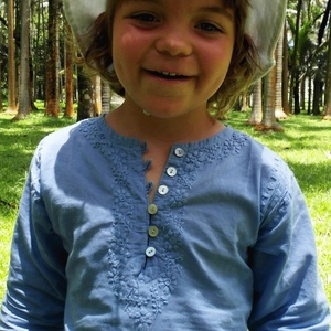 Pretty Blue 100% Soft Cotton Summer Wear Long <b>Kaftan</b> Featuring With Beautiful Flower Embroidery Long Sleeves & Front Buttons - Product Image 5