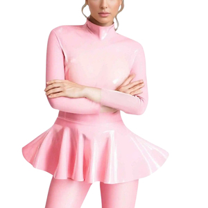 Combinaison longue rose en PU pour femme, col roulé, manches longues, taille froncée, très extensible, style moulant et sexy pour clubbing - Product Image 6