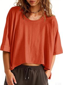 Camiseta Corta Oversize para Mujer, Manga Corta, Cuello Redondo, Color Sólido, Corte Holgado, 100% Algodón Jersey, Casual, Primavera Verano - Product Image 6