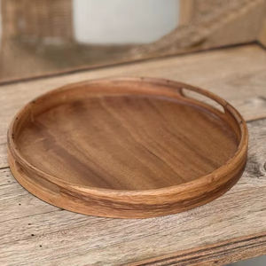 Plateaux de service ronds en bois de noyer brun rustique, personnalisables, grandes et petites tailles, avec poignées, naturels, pour la vente en gros - Product Image 1