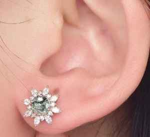 Boucles d'oreilles en agate verte véritable, vintage, rondes, en agate verte, or rose, avec moissanite, pour mariée - Product Image 6