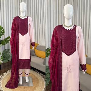 Designer Intricate Thread And Sequence Work Natural Crepe <b>Top</b> With Bottom And Dupatta Fully Stitched Ready To Wear Set - Product Image 5