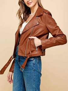 Women's Genuine Leather Moto <b>Jacket</b> Brown Full Sleeve Zipper Closure Slash Neck Belted Design Autumn Style - Product Image 3