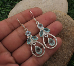 Natural <b>Blue</b> <b>Topaz</b> Solid 925 Sterling Silver Handmade Silver Plated Luxury Vintage Drop <b>Earrings</b> Wedding Anniversary Gift Party - Product Image 5
