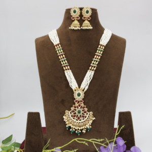Traditional Brass Gold Plated Kundan Pearl Emerald Cut Ruby Green Stone <b>Locket</b> Pendant Charm Ethnic Floral Matching Jhumka - Product Image 3