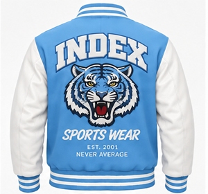 Chaqueta Varsity Azul para Hombre, Marca Index, con Mangas Blancas, Logotipo Bordado, Cuello Camisero, Cierre de Botones, para Otoño - Product Image 2