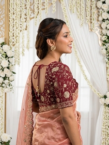 Elegante sari de seda rosa con blusa color granate para bodas, para mujeres de India y Pakistán. - Product Image 2