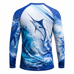 Camiseta de manga larga para hombre, color blanco, azul y amarillo, con estampado de peces, de secado rápido - Product Image 5
