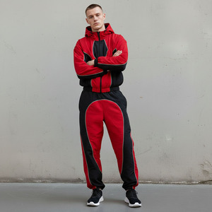 Men's Red Black Color Windbreaker <b>Tracksuit</b> Hooded Full Zipper Sporty Jacket With Side Pockets Breathable <b>Polyester</b> Autumn Wear - Product Image 4