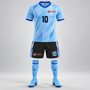 FLYHumble Kit de maillot de football bleu clair et noir à imprimé géométrique, manches courtes, coupe athlétique pour homme, évacuation de l'humidité, toutes saisons - Product Image 1