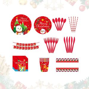 Ensemble de vaisselle jetable de Noël 10 pièces, motif bonhomme de neige, assiettes en papier, serviettes, bannières, nappes en plastique pour décorations de fête - Product Image 1