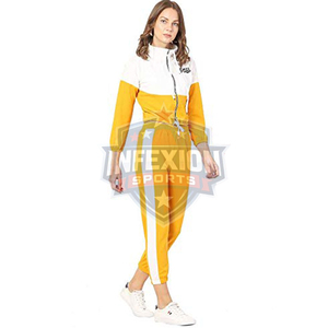 Ensemble de survêtement color block pour femme, manches longues, col rabattu, taille élastique, décontracté, printemps, jaune et blanc, 100 % polyester - Product Image 2