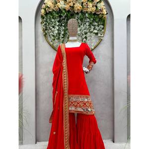 <b>Wedding</b> Apparel Thread and Sequence Work Party Wear <b>Top</b> Bottom Dupatta Set - Product Image 2