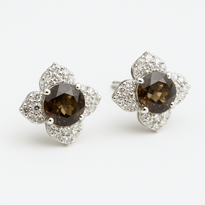 Pendientes de tuerca florales con cuarzo ahumado y circonitas cúbicas, 2 piezas, plata de ley chapada en rodio, románticos para compromiso, boda, aniversario - Product Image 5