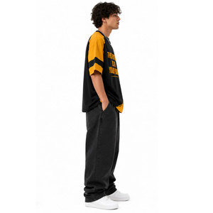 <b>Men's</b> Black Yellow Raglan Sleeve T-<b>Shirt</b> Oversized Casual O-Neck Printed Letter Design Contrast Trim Knitted Embossed T-<b>Shirt</b> - Product Image 4