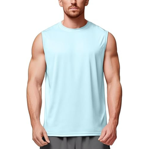 Camiseta sin mangas para hombre, azul claro, cuello redondo, de secado rápido, informal, para gimnasio, entrenamiento, color sólido, tejido de poliéster, chaleco muscular - Product Image 1