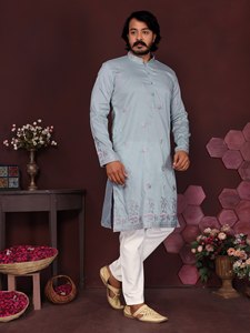 Elegante Conjunto de Kurta y Pijama de Seda con Bordado y Lentejuelas para Festivales, Bodas y Fiestas, Traje Étnico Masculino - Product Image 4