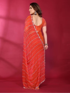 KV <b>Red</b> Embellished/Sequined <b>Saree</b> With Unstitched Blouse - Product Image 3
