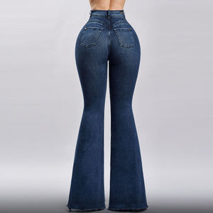 Jeans évasés sur mesure pour femmes, OEM, avec poches et boutons, respirants, en denim d'hiver, coupe slim, avec logo personnalisé - Product Image 3