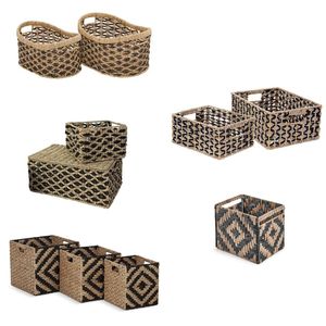 Panier de rangement graphique noir en jonc de mer et jacinthe d'eau pour le linge et l'organisation, idéal pour la salle de bain - Product Image 1