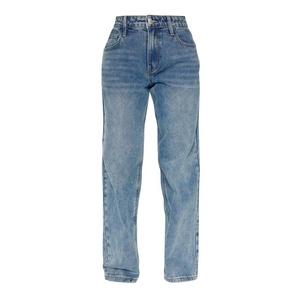 Jean large personnalisé bleu clair délavé avec ceinture frangée Salopette en denim stretch de luxe Baggy Mom Jeans droit taille haute pour femmes - Product Image 4