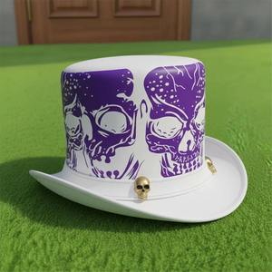 Sombrero de copa unisex de cuero blanco hecho a mano de alta calidad con calaveras moradas, estilo gótico steampunk, para cosplay y festivales. - Product Image 2