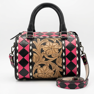 2026 New Luxury 100% Genuine <b>Leather</b> Mini Speedy <b>Duffle</b> <b>Bag</b> With Floral Tooling Pink With Black Checkered Pattern Zipper Closure - Product Image 1