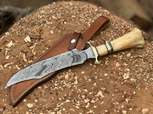 Custom Handmade Industrial Grade Hunting Bowie <b>Knife</b> in Damascus Steel <b>Bone</b> <b>Handle</b> Leather Sheath Box 15in - Product Image 1