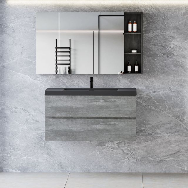 Modern 42\" Wall Mounted Bathroom Vanity with Black Quartz Sand Top Basin Floating Bathroom Sink and Storage Cabinet