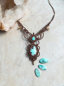 Turquoise Gold Plated Macrame <b>Statement</b> <b>Necklace</b> Zinc Alloy Double Stone Brown Cord Boho Handmade Adjustable Pendant Jewelry - Product Image 4