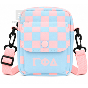 Bolso Bandolera Personalizado de la Hermandad Gamma Phi Delta con Logotipo Bordado en la Parte Delantera, Cierre con Botón Azul Cielo y Rosa, Uso Diario Informal para Mujer - Product Image 1
