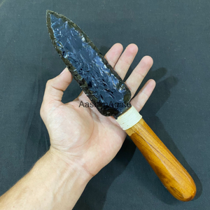 Couteau artisanal en obsidienne avec manche en bois, objet de collection, sculpture décorative - Product Image 6