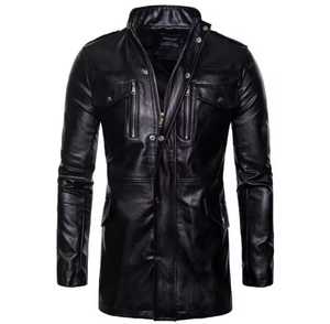Men's Black Genuine Leather Waterproof Moto <b>Jacket</b> Stand Collar Zipper Closure <b>Slim</b> <b>Fit</b> Autumn Wear - Product Image 2