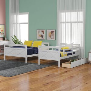 Letto a Castello Bianco con Letto Singolo Sopra e Letto Matrimoniale, con Scala e Ringhiera di Sicurezza, Due Cassetti Portaoggetti per Bambini - Product Image 2