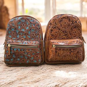 Western <b>Tooled</b> Genuine Leather <b>Backpack</b> for Women | Handmade Floral Embossed Cowhide School Travel <b>Bag</b> - Product Image 4