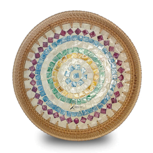 Plateau de service rond en rotin et bois avec incrustation géométrique en nacre, fait main, pour servir des aliments, décorer et offrir en cadeau - Product Image 6