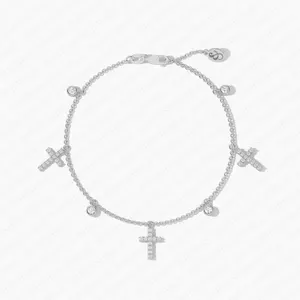 สร้อยข้อมือแฟชั่นรูปกากบาท ทอง 10K 14K ประดับเพชรแล็บ สร้อยข้อมือแบบเรียบหรูพร้อมจี้รูปกากบาทสามดวง เครื่องประดับคริสเตียน - Product Image 3