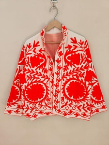 White Cotton Quilted Jacket with Orange Hand Embroidered Suzani Design Floral Folk Art <b>Boho</b> Style Handmade Ethnic Breathable - Product Image 6