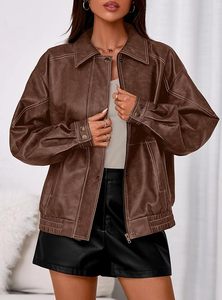 Women's Brown Faux Leather Bomber Jacket Full Sleeve <b>Zipper</b> Closure Turn-down Collar Autumn Style Short Length - Product Image 2