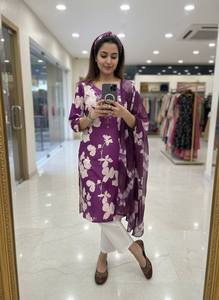 Purple Printed Rayon <b>Kurti</b> With Dupatta Women's Traditional Casual Wear Midi Length Regular Fit All Seasons India Pakistan Style - Product Image 1