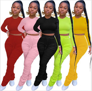 Ensemble crop top et pantalon taille haute moulant à manches longues pour femme, couleur unie, effet ventre plat, style streetwear hip-hop - Product Image 1