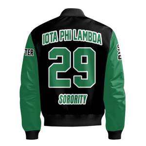 Chaqueta Bomber Personalizada para Mujer Iota Phi Lambda, Negra y Verde Esmeralda, con Escudo de Letras Griegas en la Parte Delantera y Trasera, con Cierre de Cremallera - Product Image 6
