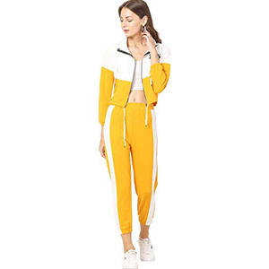 Ensemble de survêtement color block pour femme, manches longues, col rabattu, taille élastique, décontracté, printemps, jaune et blanc, 100 % polyester - Product Image 1