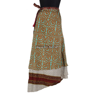 Jupes longues en soie sari indienne vintage à 2 couches, style hippie, pour la plage, jupes longues réversibles en soie sari à 2 couches - Product Image 1