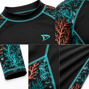 Men's Full Sleeve Rash Guard Swim <b>Shirt</b> Raised Rubber Print Polyester/Nylon Black/Teal/Coral Colors Anti-UV Protection - Product Image 3